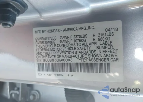 2019 Acura Tlx Standard from USA, damaged, VIN 19UUB1F33KA000043